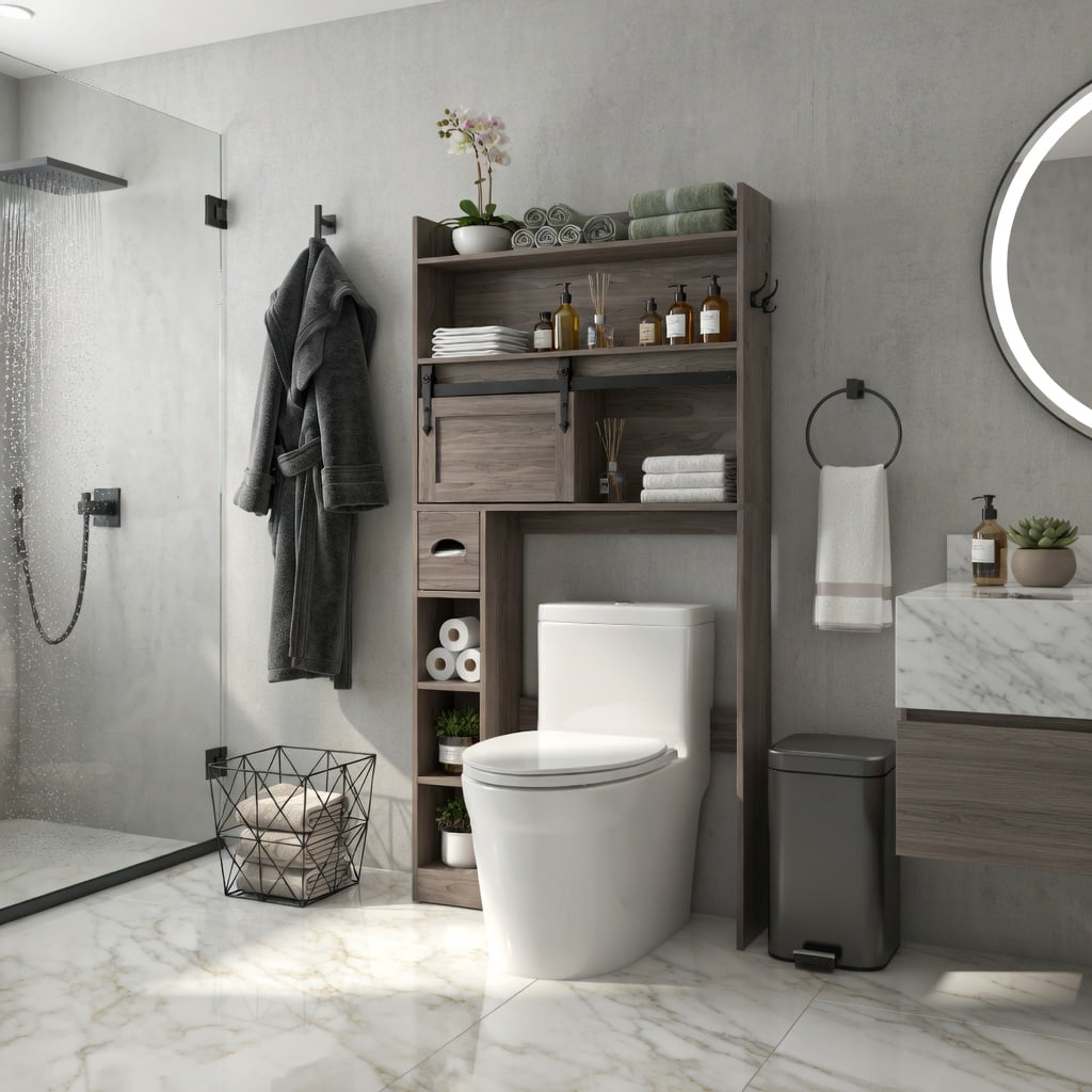 Hommoo Over-the-Toilet Storage Cabinet with Sliding Barn Door, Adjustable Shelves & Toilet Paper Holder, Gray