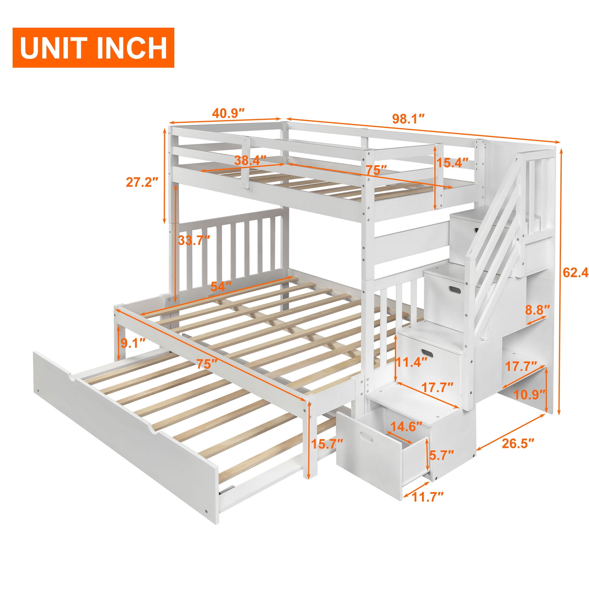 Buy Anysun Stairway Bunk Bed Twin over Full - Kids Wooden Bunk Bed with