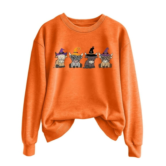 Highland Cow Witch Halloween Sweatshirts for Women 2025 Long Sleeve Crewneck Funny Cute Graphic Sweatshirt Pullover Tops
