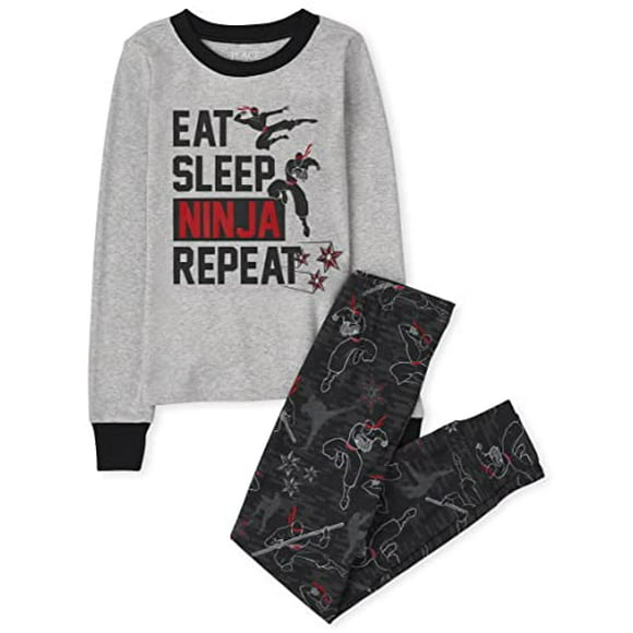 Single Boys Long Sleeve Snug Fit Cotton 2 Piece Pajamas, Ninja, 14