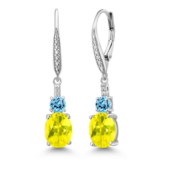 Gem Stone King 925 Sterling Silver Canary Mystic Topaz and Swiss Blue Topaz Dangle Earrings for Women with Lab Grown Diamond (4.74 Cttw, Oval 9X7MM)
