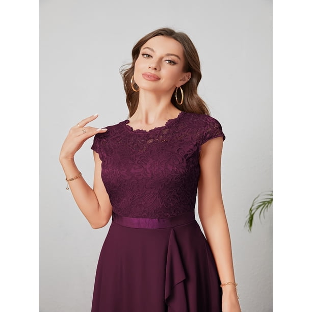 knee length purple cocktail dresses Women's Elegant Dress | Cap Sleeve Lace Bodice | Knee-Length | Semi-Formal Evening Party Dress holiday top