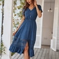 thumbnail image 5 of Summer Dresses for Women Maxi Dress V-Neck Slim Temperament Solid Color Dress Lace Stitching Skirt, 5 of 7