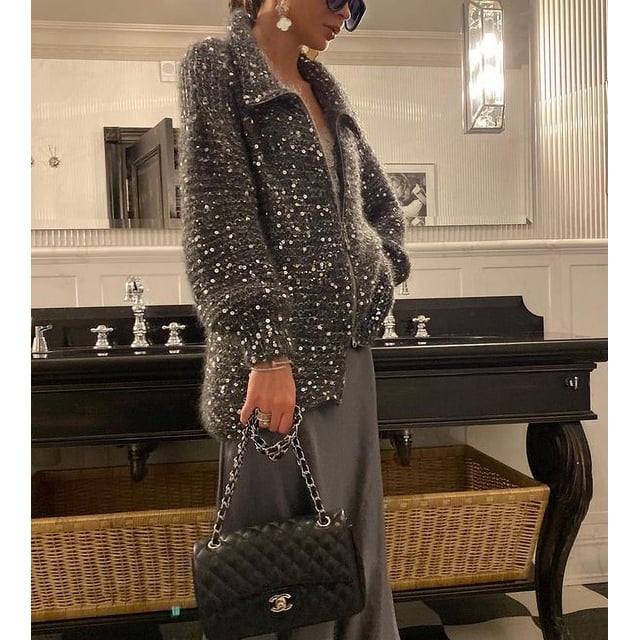 Chaqueta tipo suéter con cuello en V y lentejuelas estilo Chanel, holgada, de alta gama y elegante, para otoño e invierno, para mujer, con mangas largas