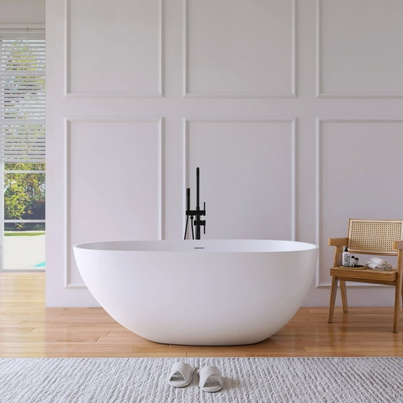 MEDUNJESS 59" Freestanding Bathtub, Solid Surface Resin Stone Tubs ith Pop up Drain and Overflow, Matte White
