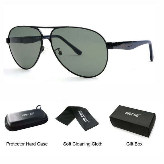 JUST GO Aviator Style Polarized Sunglasses with Spring Hinge, 100%UV Protection for Men and Women, Black, Grey