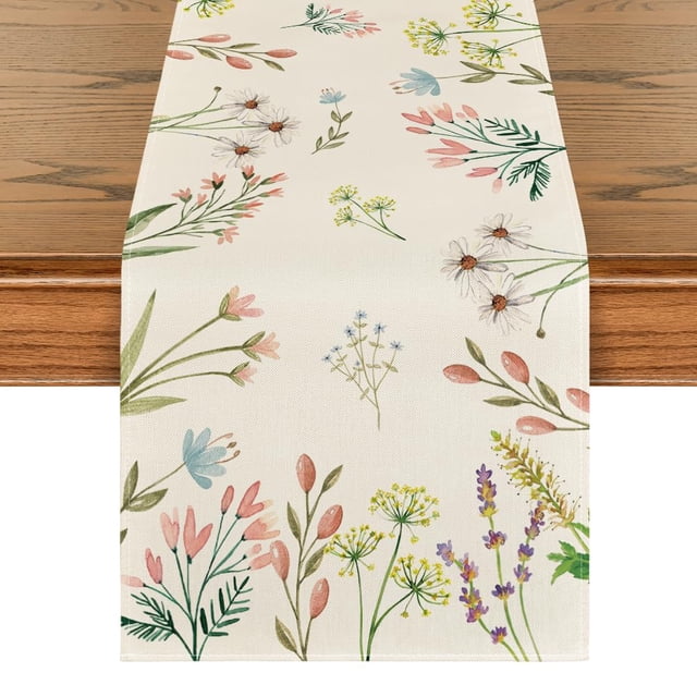 Camino de mesa de verano con flores y plantas de moda, decoración de mesa de cocina de temporada, decoración interior para fiestas navideñas