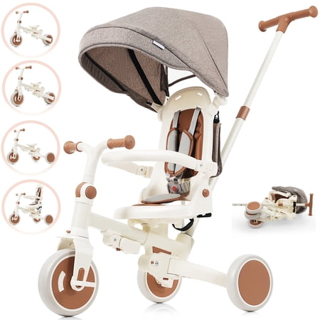 POVANLI 7 in 1 Baby Tricycle Foldable Toddler Tricycle w/Removable and Adjustable Parent Handle,Toddler Push Bike with Removable Pedal,Canopy and Guardrail,Tricycle for 12-72 Months