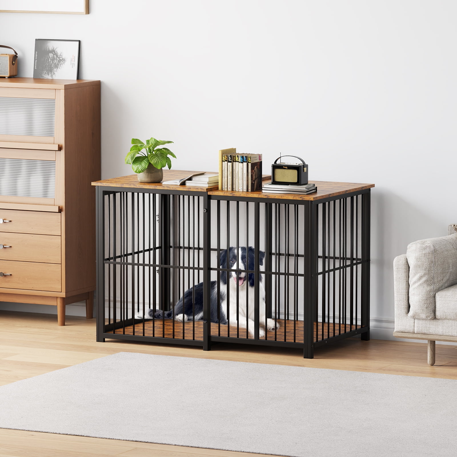 Erinnyees Large Dog Crate Furniture, Retractable Dog Kennel Furniture, Wooden Large Dog Kennel Indoor, Heavy-Duty Dog Cage Furniture with 3 Levels of Adjustable Size,45.6" L
