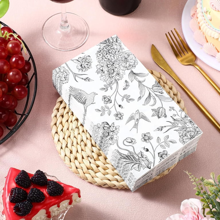 50-Pack Floral Bird Cocktail Napkins – Vintage Black & White Design, 5x5 Inch Disposable Paper Napkins For Parties