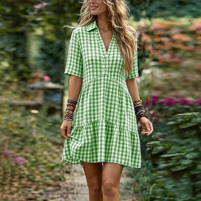 checkered green dress Miluxas Women's Gingham Plaid / Striped Mini Collared V Neck Short Sleeve Casual Loose A Line Dress Tiered Ruffle Summer Vacation Sundress christmasdresses