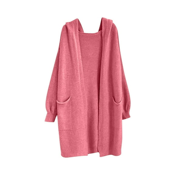 Long Sweater Cardigan for Women Hooded Open Front Long Sleeve Knit Sweater Outerwear with Pockets Red Free Size