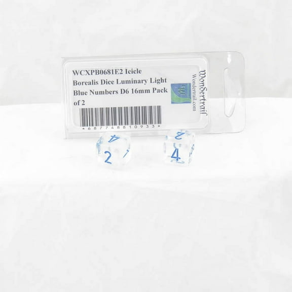 Icicle Borealis Dice Luminary with Light Blue Numbers D6 Aprox 16mm (5/8in) Pack of 2 Wondertrail
