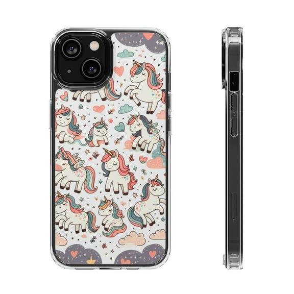 DistinctInk Hybrid (Acrylic / TPU) Clear Slim Fit Case for Apple iPhone 15 (6.1" Screen) - "Enchanting Whimsy: A Seamless Unicorn Delight"
