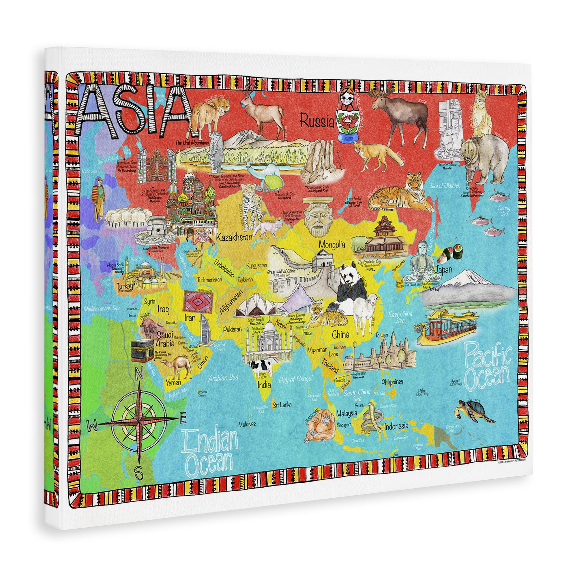 Stupell Industries Asian Animal Map Town & City Painting Gallery Wrapped Canvas Art Print Wall Art, 30 x 24