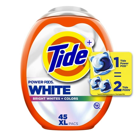 Tide Power PODS Plus Ultra OXI White and Bright Laundry Detergent, 45 Count, Advanced Stain Removal and Whitening Power