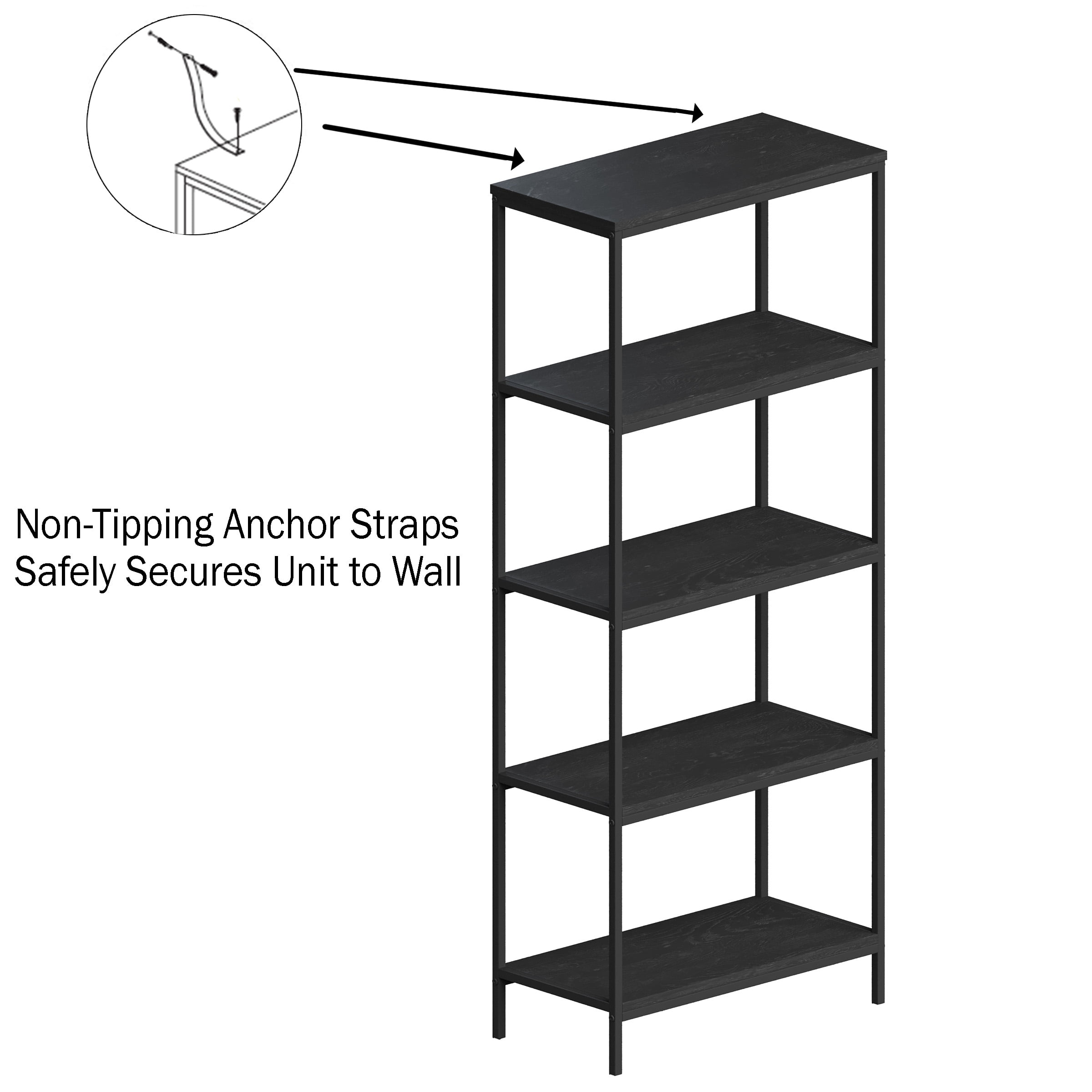 Lavish Home 5-Tier Bookshelf - Industrial Shelving Unit, Black Woodgrain