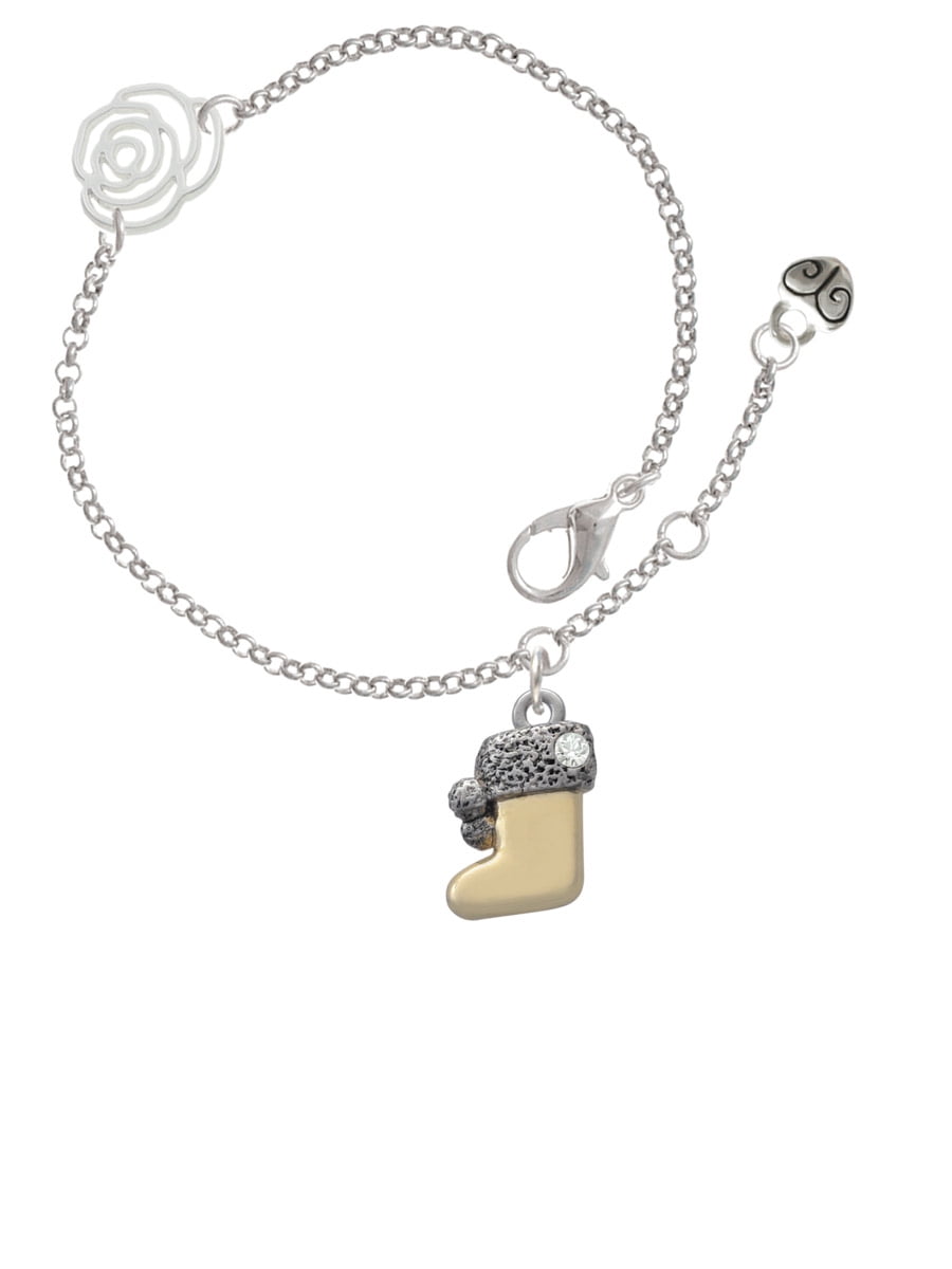 Delight Jewelry Two-tone 3-D Stocking with Clear Crystal Silver-tone Rose Link Chain Bracelet, 6.25"+1.75" Extender