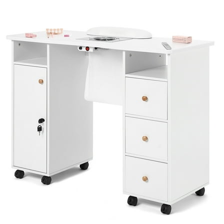 Artist Hand Manicure Table Nail Beauty Desk with Wrist Cushion, Lockable Wheels, Storage Drawers, Electric Downdraft Vent, White
