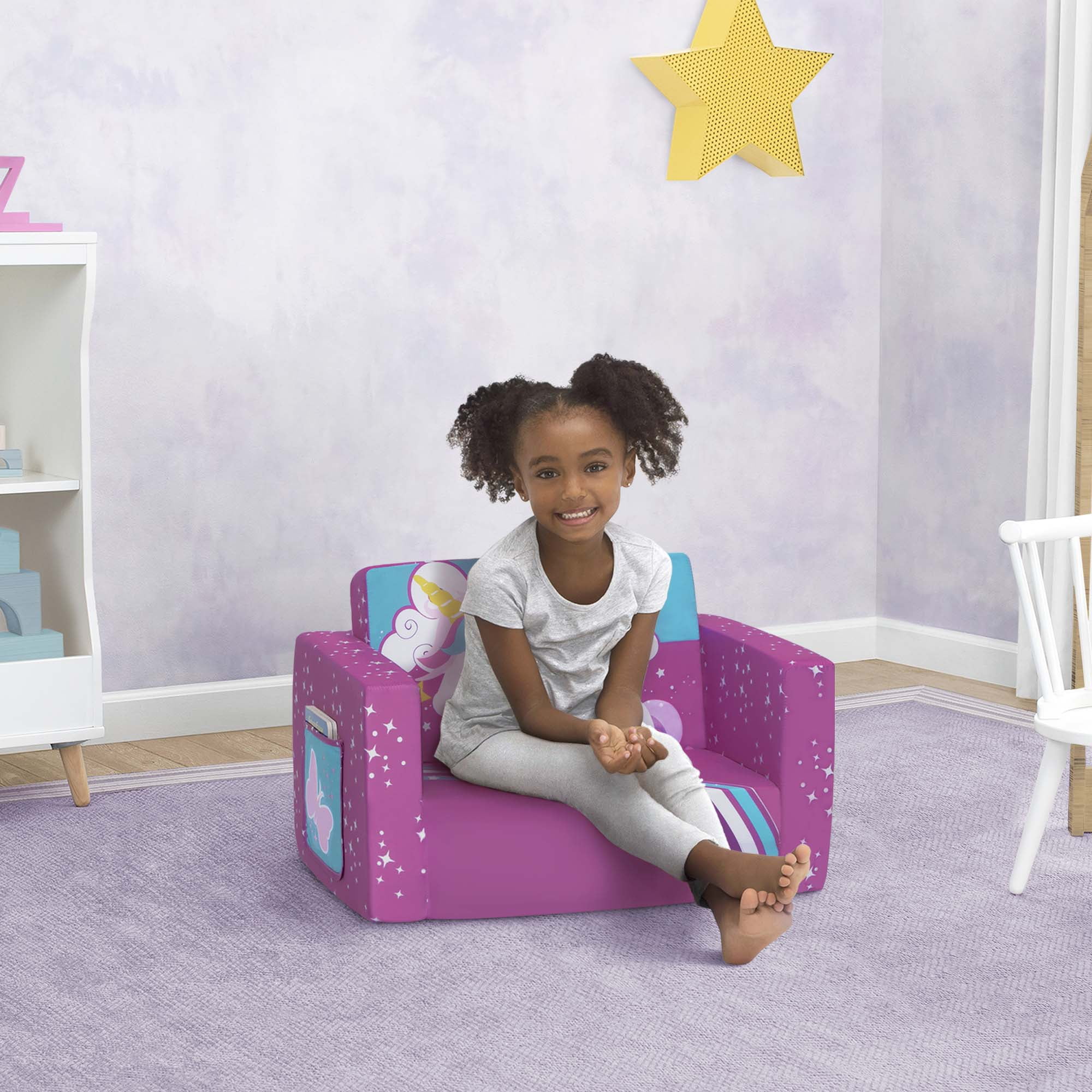 Delta Children Unicorn 2-in-1 Cozy Convertible Flip-Out Foam Chair, Toddler, Pink