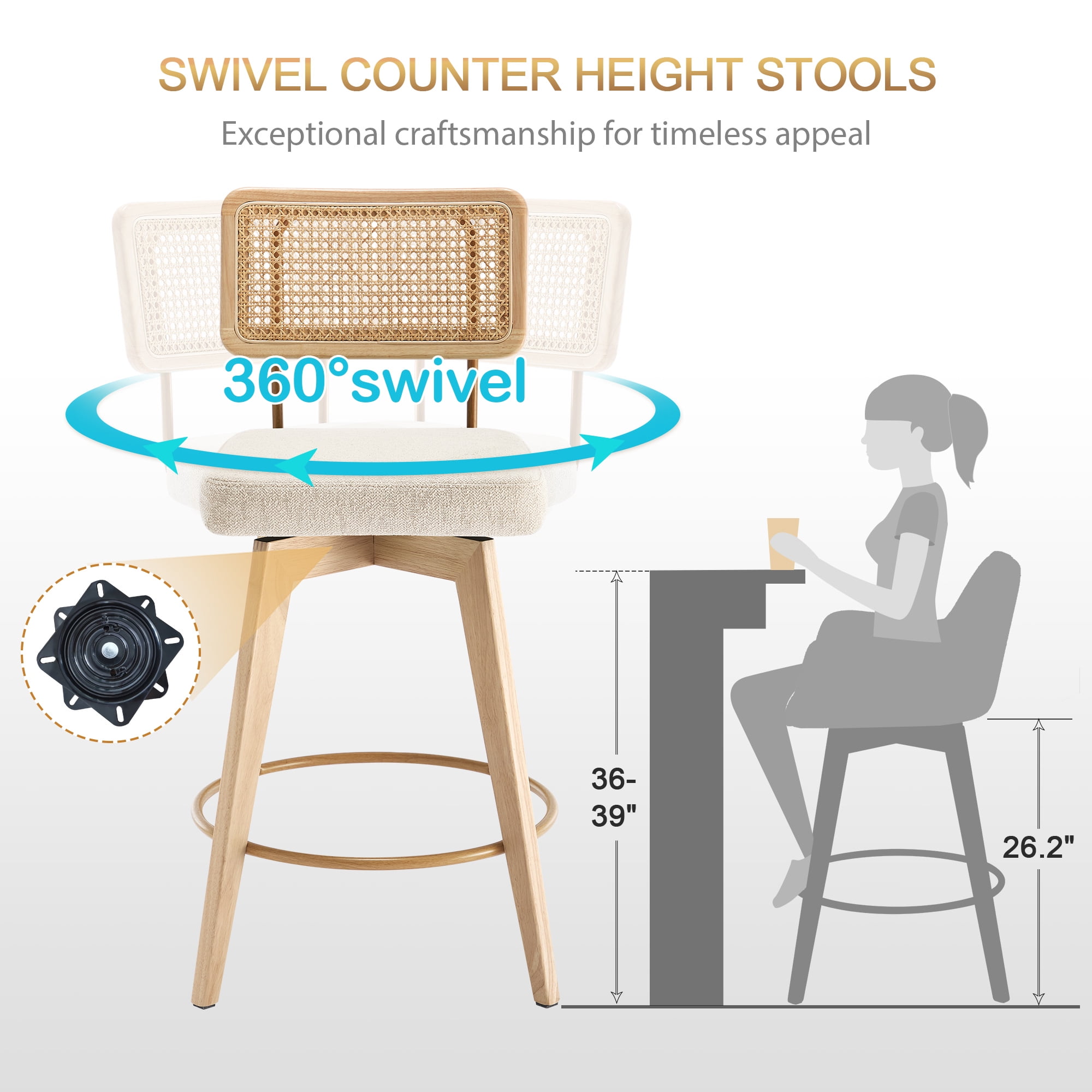 Zesthouse 26.2" Swivel Counter Height Bar Stools Set of 2, Upholstered Linen Counter Stools with Rattan Back, Mid Century Barstools with Solid Wood Frame for Kitchen Island, Beige