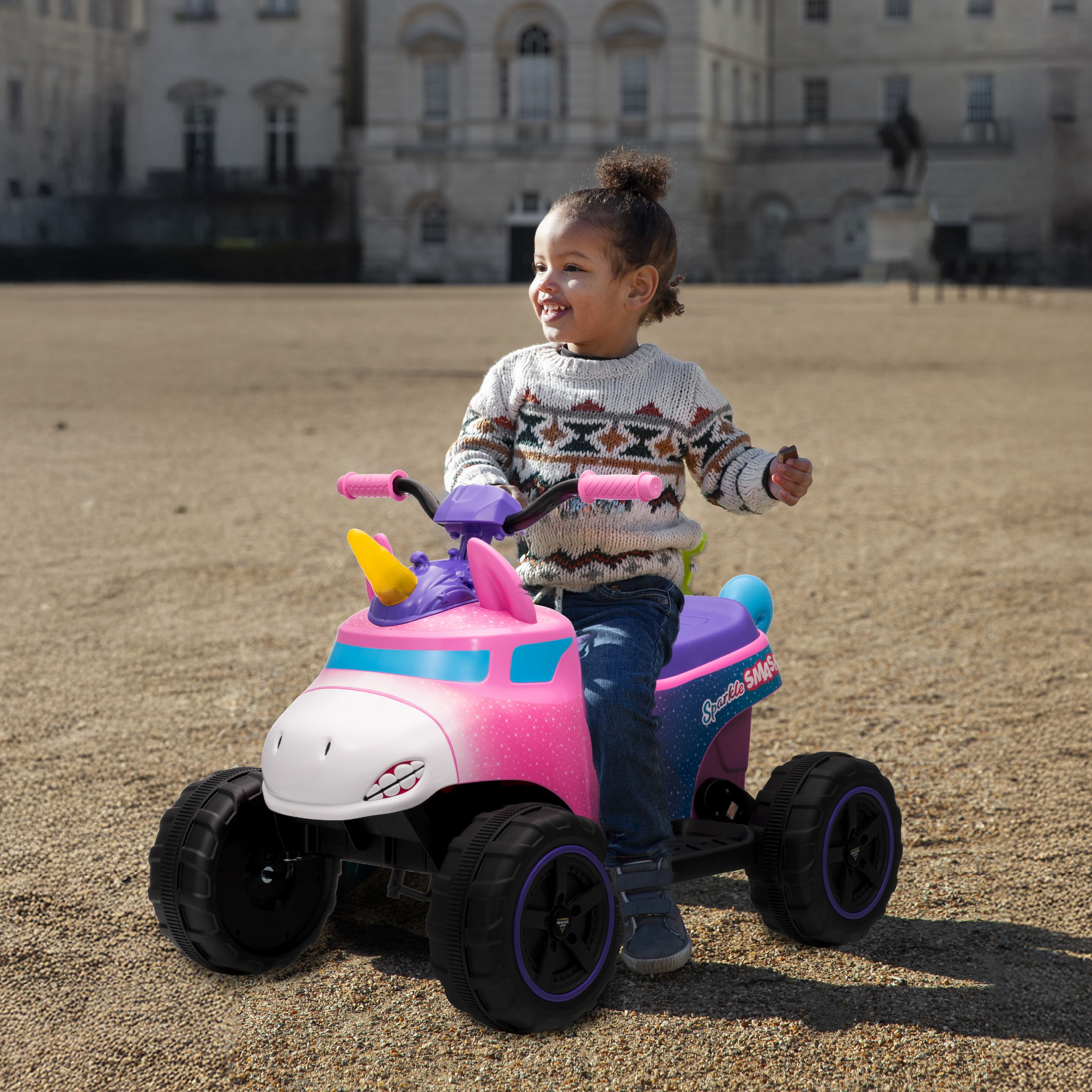 Monster Jam Sparkle Smash 12V Battery-Powered 1 Seat Ride-On ATV for Kids – Forward/Reverse Drive- 3.5 MPH, Rugged Wheels, Unicorn Design with Lights & Sounds