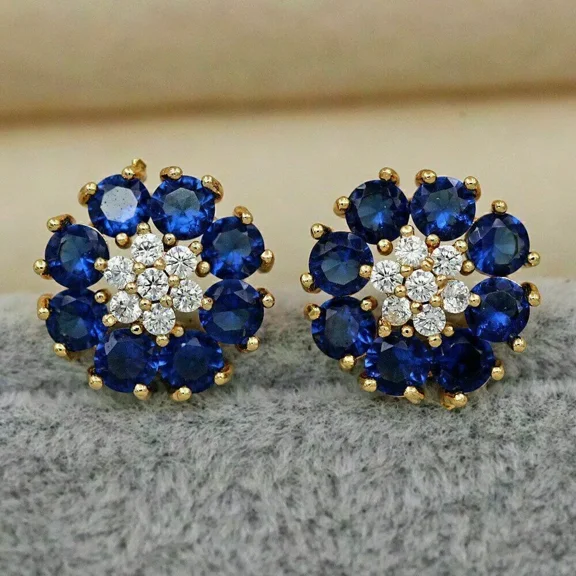 2TCW Lab-Created Sapphire Diamond Flower Stud Earrings in 14K Yellow Gold Plated