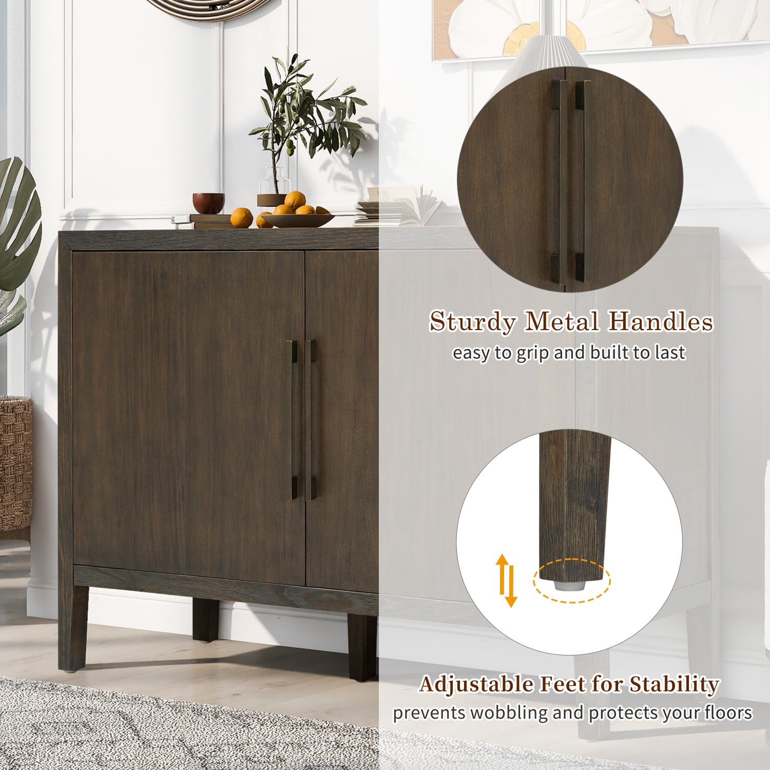 47.25" Farmhouse Sideboard Buffet Cabinet with Storage, 2 Door Wooden Coffee Bar Cabinet with Pine Veneer and Metal Handles for Kitchen, Living Room, Entryway, Dark Brown