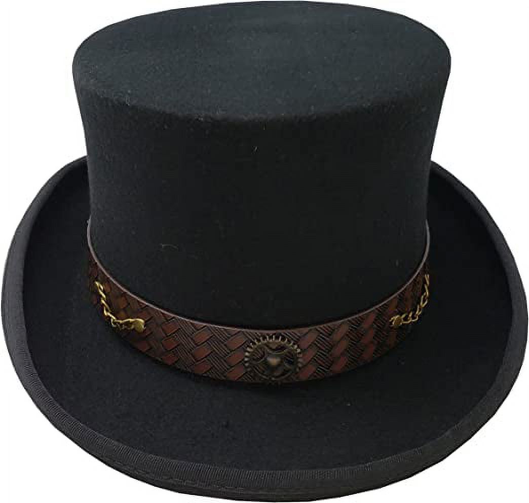 Different Touch Victorian Western Steampunk Top Hat with Leather Band and Chain