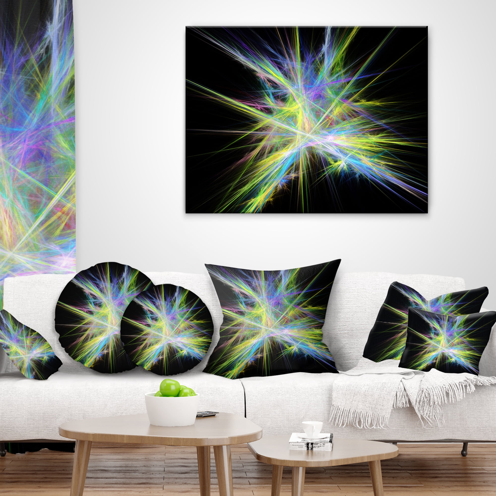 Designart Yellow Blue Chaos Multicolored Rays - Abstract Throw Pillow - 12x20