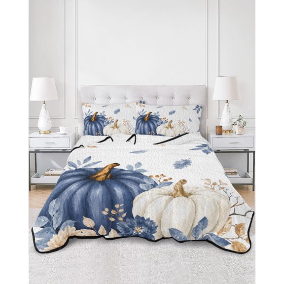 Twin Quilt Bedding Set Thanksgiving Blue White Pumpkins Summer Quilt Lightweight Quilted Coverlet with 2 Pillow Shams, Autumn Maple Leaf 3-Piece Bedspread Quilt Set for All Season