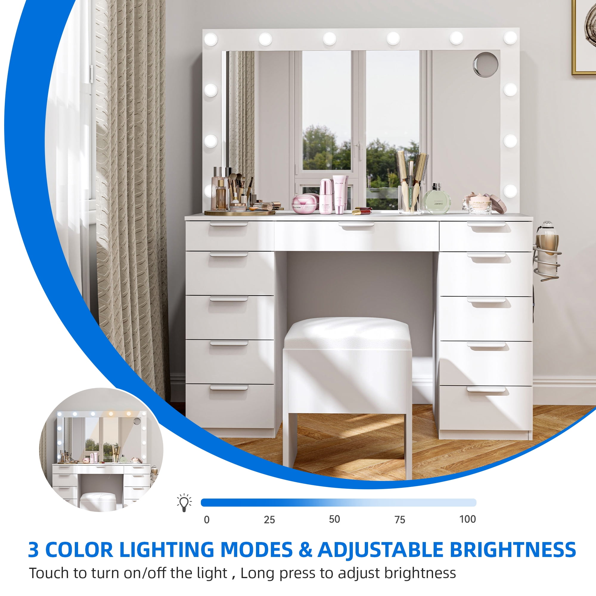 Uforic Adults Vanity Desk Set – Mirror, 3-Mode Lights, Charging Station, 11 Drawers & Bench in White