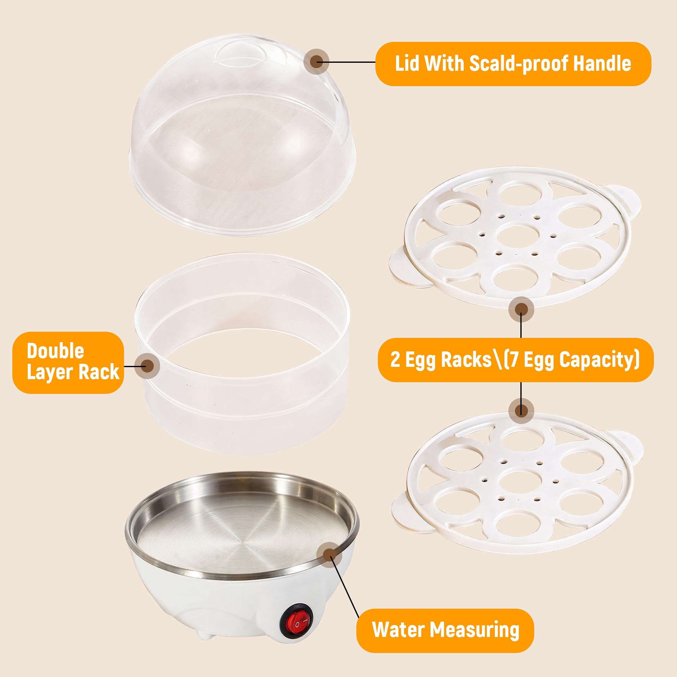 GARITIN Electric Egg Cooker for Hard Boiled Eggs, Poacher Eggs, Omelet Maker & Vegetable Steamer, 14 Egg Double-Tier, Auto Shut Off Boiled Egg Maker, White