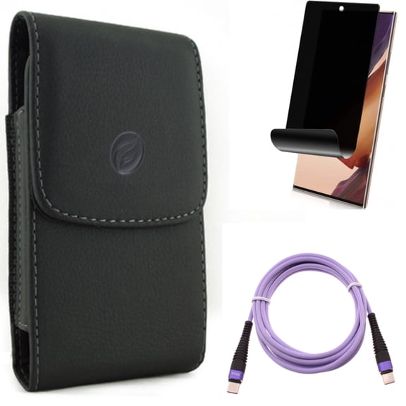 Purple 6ft PD Cable & Case Belt Clip & Privacy Screen Protector for Samsung Galaxy Note 20 Ultra (6.9") - Combo with Type-C to USB-C Long Charger Cord & Leather Holster & TPU Film Anti-Peep
