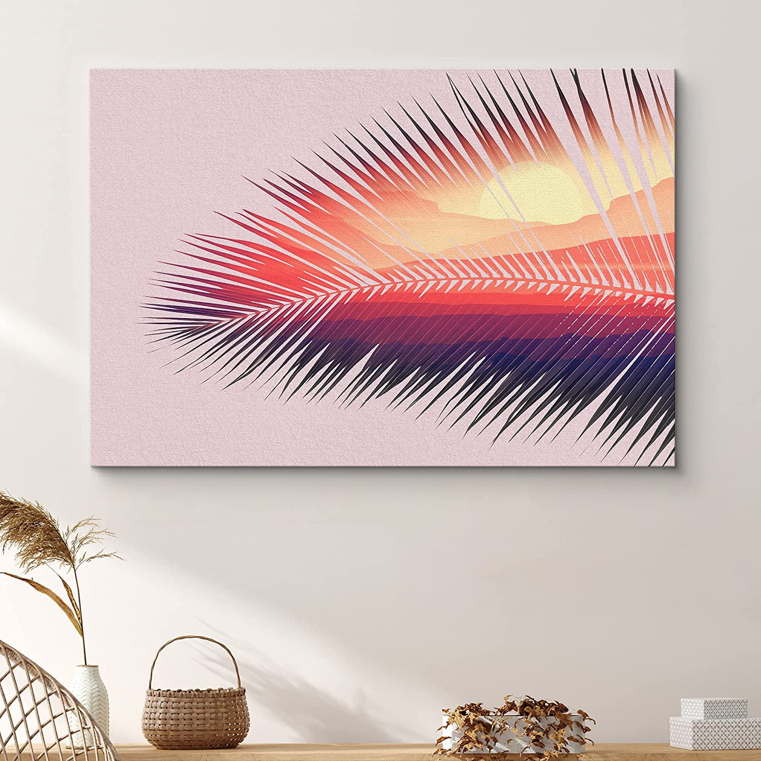 PixonSign Canvas Print Wall Art Double Exposure Palm Leaf & Mountains ...