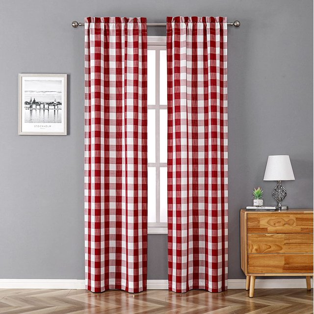Red Buffalo Plaid Window Curtain Panel Pairs 63 Inch Long, Gingham Check Geometric Rod Pocket Window Treatment, Rustic Farmhouse Style Drapes for Bedroom & Living Room, 2 Panels, 27"x63", Red/White