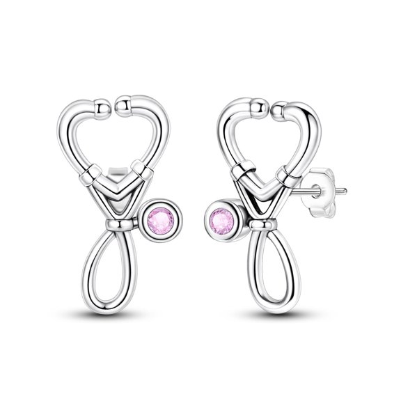 NARMO 925 Sterling Silver Heart Stethoscope Stud Earrings, Sparkling Pink Cubic Zirconia Women's Jewelry Gift for Her