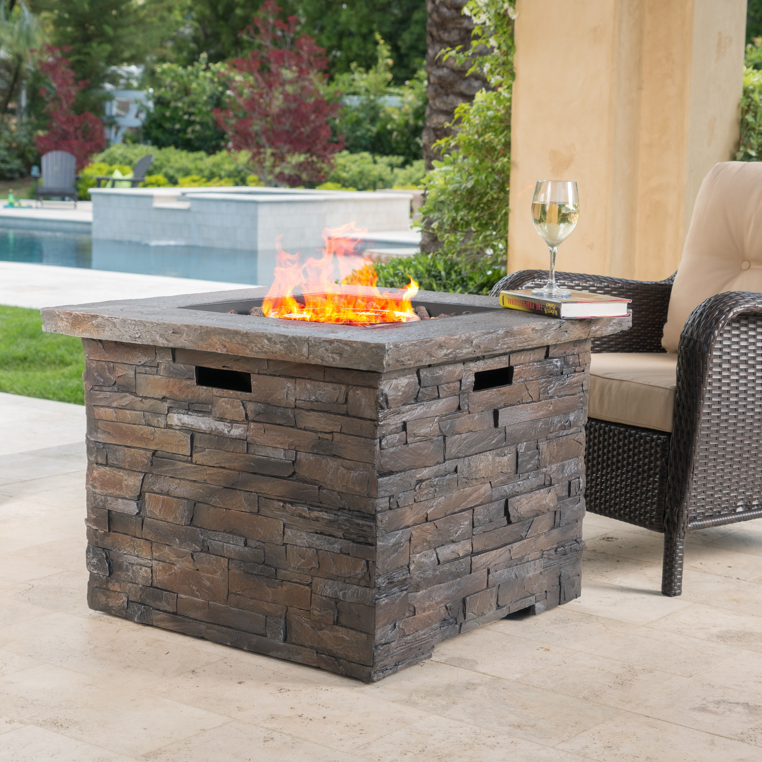 Loene Outdoor Square Fire Pit Natural Stone Finish