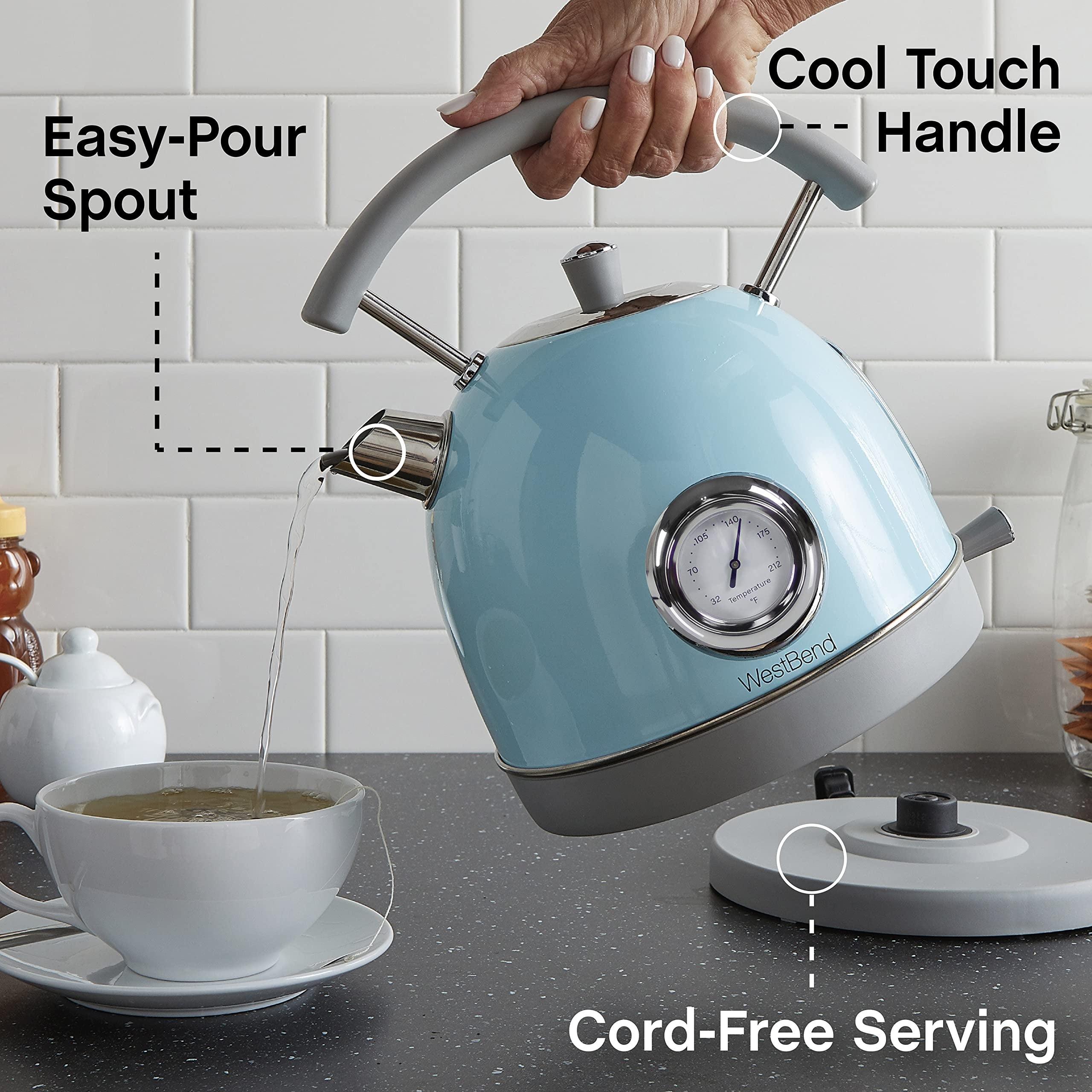 West Bend 1.7L Retro-Style Stainless Steel Electric Kettle, 1500W, Blue