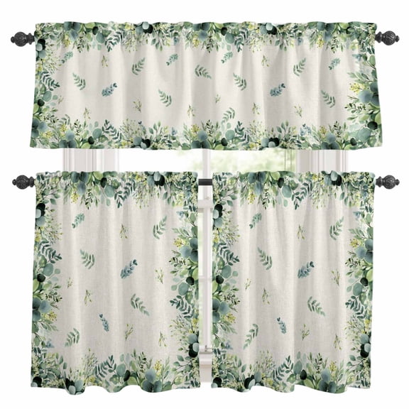Eucalyptus Kitchen Curtains Sets for Windows 36 Inch Length, Farmhouse Flower Plant Sage Green Country Rod Pocket Window Treatments Tier Curtains and Valances Set for Bedroom/Bathroom