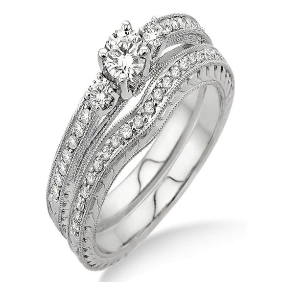 1.00 carat Antique Bridal set with Round Cut diamond in 10k White Gold