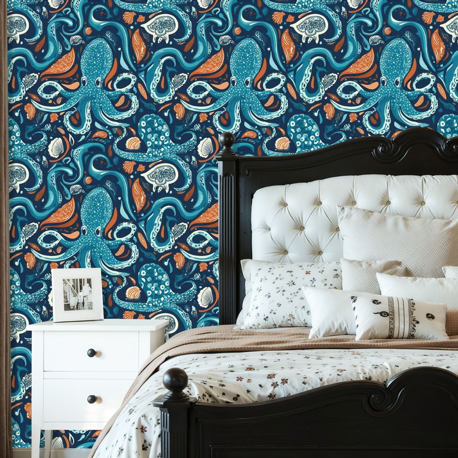Paisley Peel and Stick Wallpaper 23.6in x 9.8ft Abstract Ocean Design Octopus Marine Life Blue Orange Contact Paper Vinyl Waterproof Self Adhesive Wall Paper for Bedroom Shelf Cabinet Renter Friendly