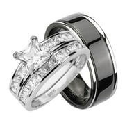 His Hers CZ Wedding Ring Set Sterling Silver Black Titanium Bands for Him Her (12/8)