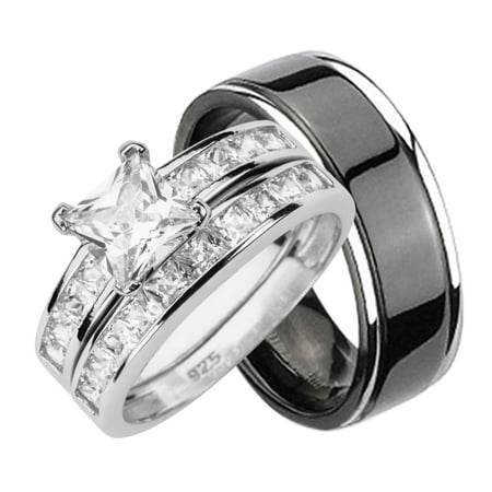 His Hers CZ Wedding Ring Set Sterling Silver Black Titanium Bands for Him Her (12/8)