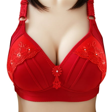 

harmtty Women Sexy Solid Color Floral Embroidery Push Up Brassiere Thin Cup Bra Bralette Red 46/105BC