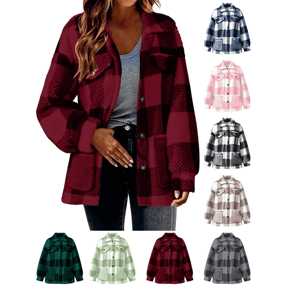 Fleece Jackets for Women Plaid Fuzzy Shacket Lapel Collared Button Down Jacket Sherpa Oversized Warm Fall Winter Coat with Pockets