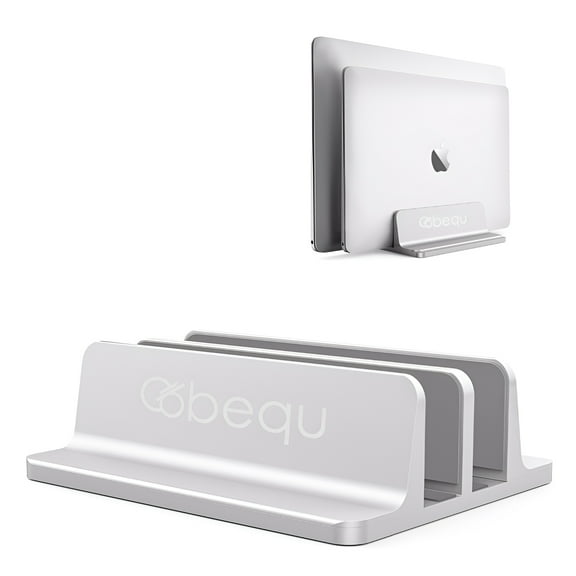 BEQU 2 Slots Vertical Laptop Stand/Holder (Silver), Heavy Duty Aluminum, Anti-Slip Silicone Pad, Adjustable, Fits All IPADs/Tablets/Laptops (MacBook/Windows/Linux/Chromebook upto 17.3 inches)