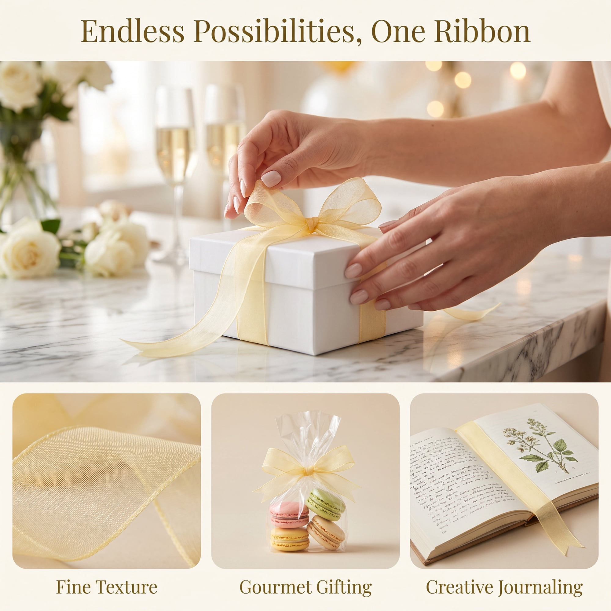 Unique Bargains 10Pcs Woven Edge Chiffon Ribbon on Sturdy Spools Champagne 2.4 Yard