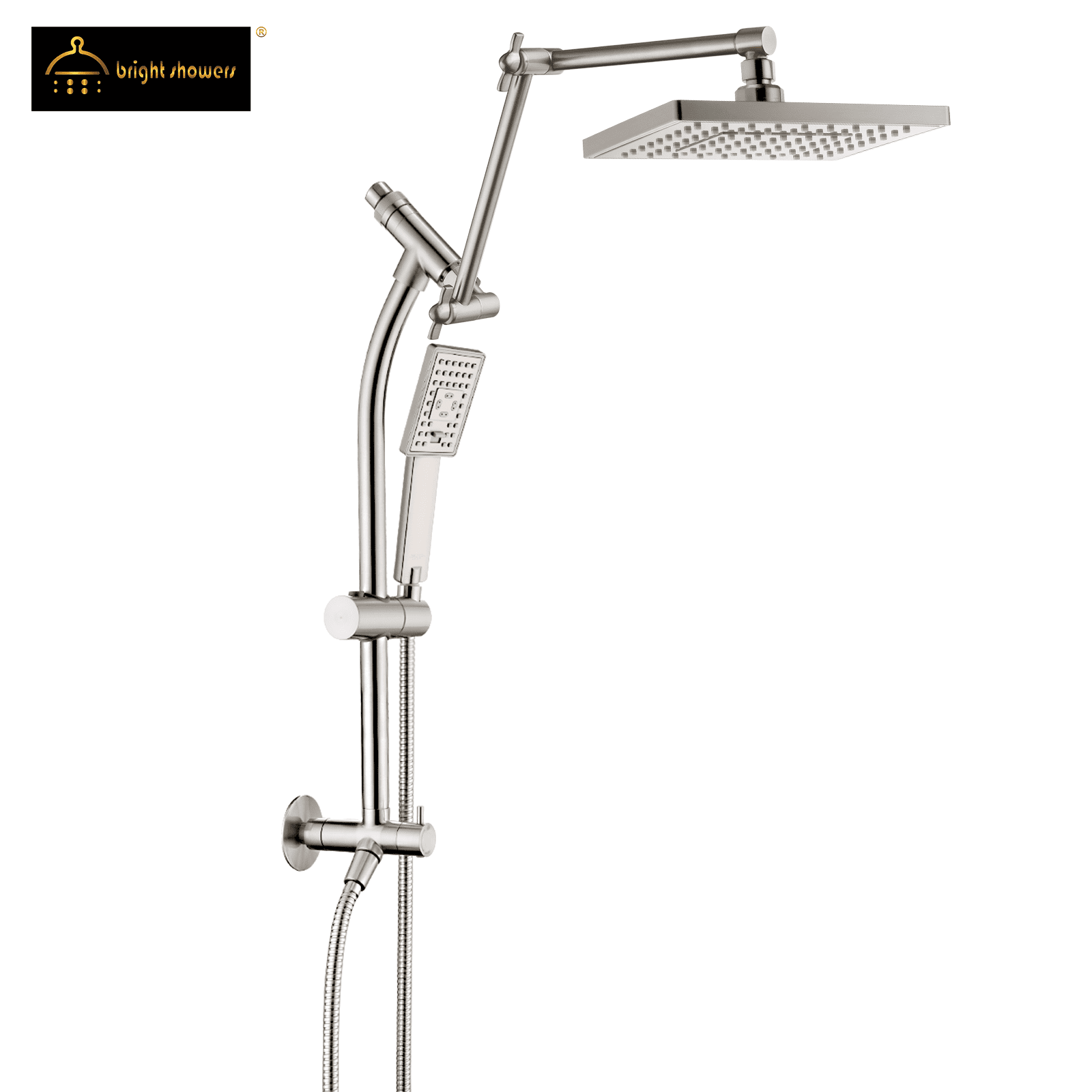 BRIGHT SHOWERS Rain Shower Heads System, Rainfall Shower Head with Handheld Spray Combo Includes Solid Brass Slide Bar, Height Adjustable Holder, Shower Extension Arm and 60" Hose, Brushed Nickel