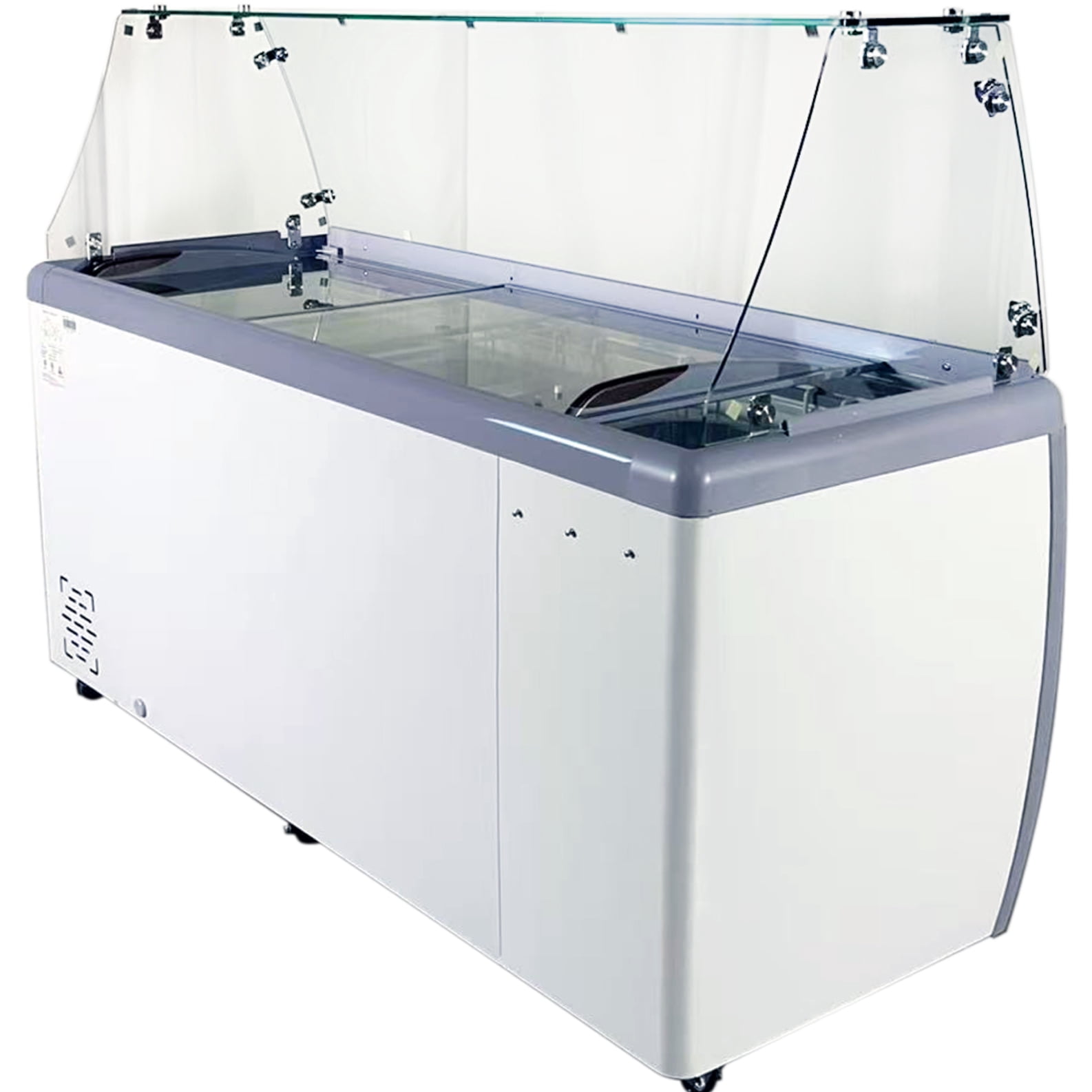 NSF 71” Commercial Ice Cream Display Freezer with Curved Glass Canopy – 12 Tub Gelato Showcase, Commercial Display Chest